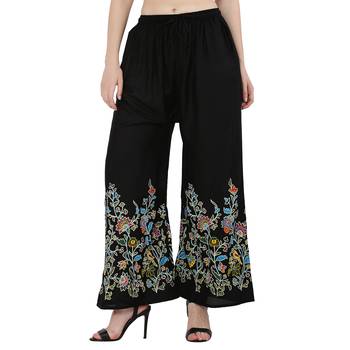 Women Black Solid Relaxed Flower Print Rayon Palazzo Pants with Elastic Drawstring (Free Size) 1