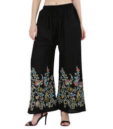 Women Black Solid Relaxed Flower Print Rayon Palazzo Pants with Elastic Drawstring (Free Size)