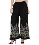 Women Black Solid Relaxed Flower Print Rayon Palazzo Pants with Elastic Drawstring (Free Size)