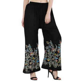Women Black Solid Relaxed Flower Print Rayon Palazzo Pants with Elastic Drawstring (Free Size) 2