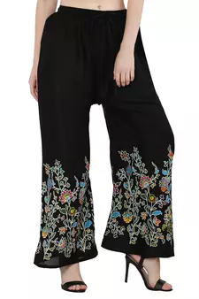 Women Black Solid Relaxed Flower Print Rayon Palazzo Pants with Elastic Drawstring (Free Size)