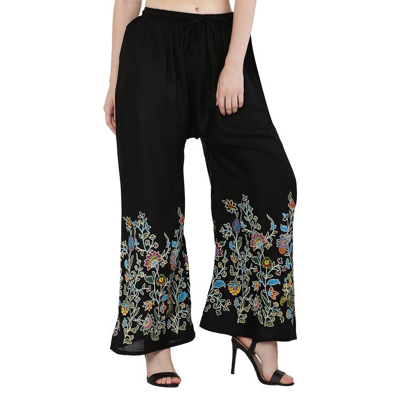 Women Black Solid Relaxed Flower Print Rayon Palazzo Pants with Elastic Drawstring (Free Size)
