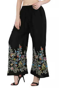 Women Black Solid Relaxed Flower Print Rayon Palazzo Pants with Elastic Drawstring (Free Size)