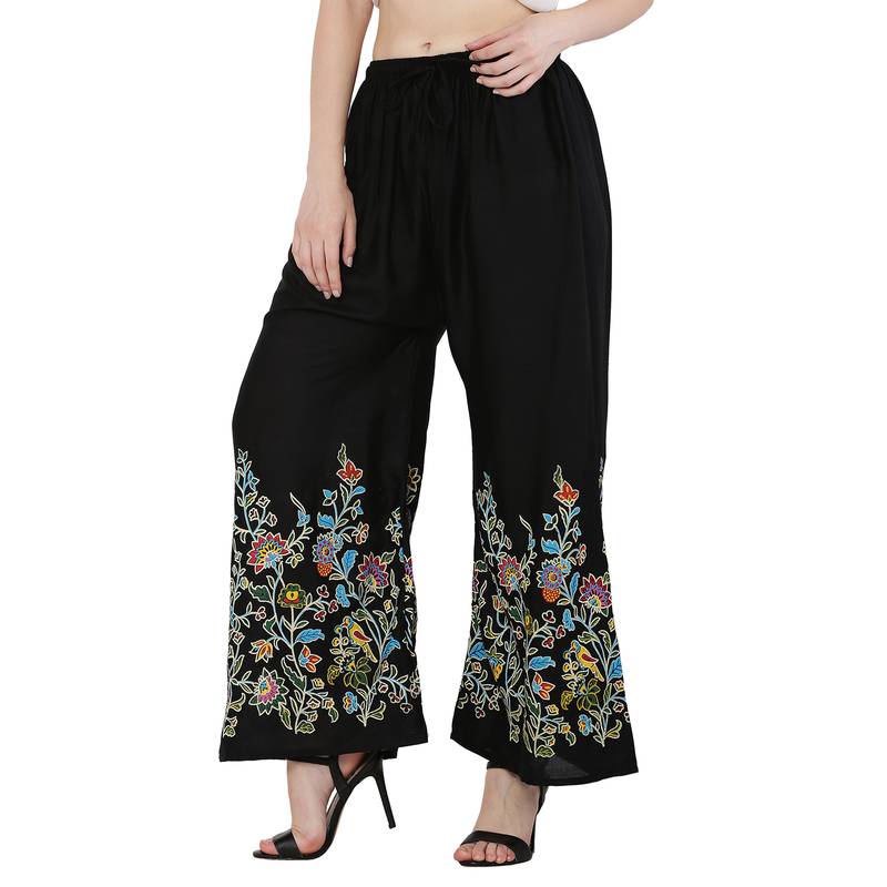 Women Black Solid Relaxed Flower Print Rayon Palazzo Pants with Elastic Drawstring (Free Size)