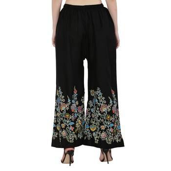 Women Black Solid Relaxed Flower Print Rayon Palazzo Pants with Elastic Drawstring (Free Size) 4