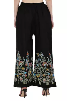 Women Black Solid Relaxed Flower Print Rayon Palazzo Pants with Elastic Drawstring (Free Size)