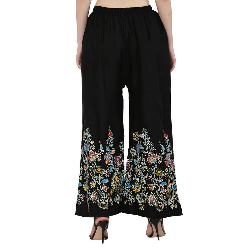 Women Black Solid Relaxed Flower Print Rayon Palazzo Pants with Elastic Drawstring (Free Size)