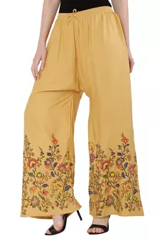 Women Peach Solid Relaxed Flower Print Rayon Palazzo Pants with Elastic Drawstring (Free Size)