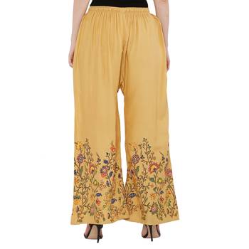 Women Peach Solid Relaxed Flower Print Rayon Palazzo Pants with Elastic Drawstring (Free Size) 4