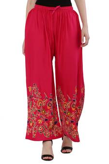 Women Pink Solid Relaxed Flower Print Rayon Palazzo Pants with Elastic Drawstring (Free Size)