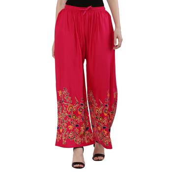 Women Pink Solid Relaxed Flower Print Rayon Palazzo Pants with Elastic Drawstring (Free Size) 1
