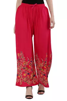 Women Pink Solid Relaxed Flower Print Rayon Palazzo Pants with Elastic Drawstring (Free Size)