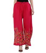 Women Pink Solid Relaxed Flower Print Rayon Palazzo Pants with Elastic Drawstring (Free Size)