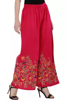 Women Pink Solid Relaxed Flower Print Rayon Palazzo Pants with Elastic Drawstring (Free Size)