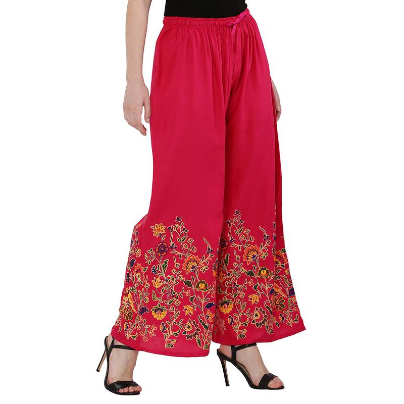 Women Pink Solid Relaxed Flower Print Rayon Palazzo Pants with Elastic Drawstring (Free Size)