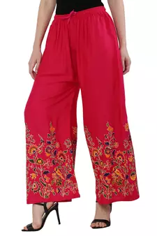 Women Pink Solid Relaxed Flower Print Rayon Palazzo Pants with Elastic Drawstring (Free Size)