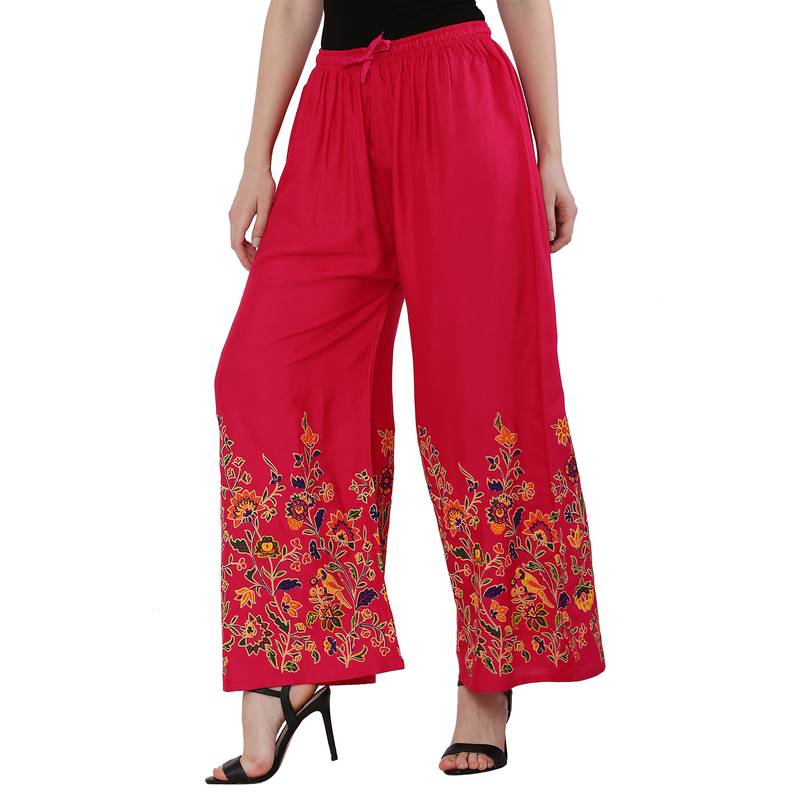 Women Pink Solid Relaxed Flower Print Rayon Palazzo Pants with Elastic Drawstring (Free Size)