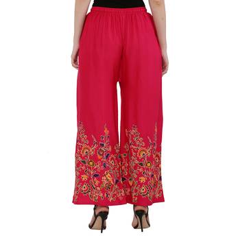 Women Pink Solid Relaxed Flower Print Rayon Palazzo Pants with Elastic Drawstring (Free Size) 4