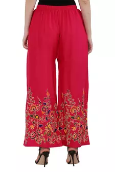 Women Pink Solid Relaxed Flower Print Rayon Palazzo Pants with Elastic Drawstring (Free Size)