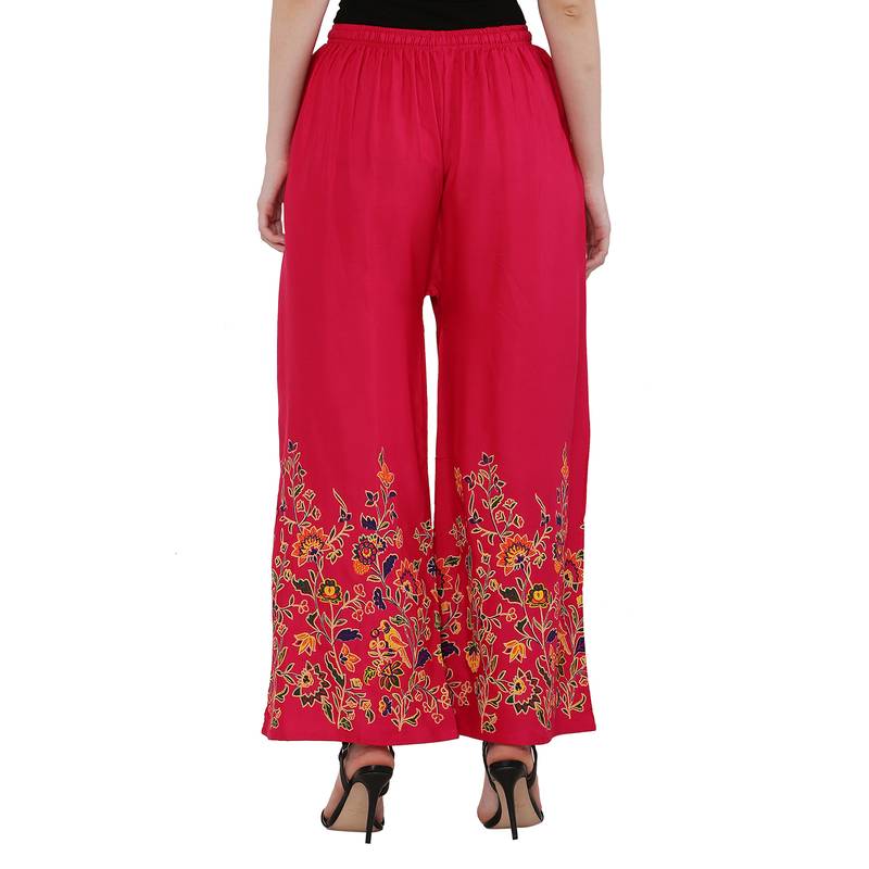 Women Pink Solid Relaxed Flower Print Rayon Palazzo Pants with Elastic Drawstring (Free Size)