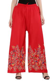 Women Red Solid Relaxed Flower Print Rayon Palazzo Pants with Elastic Drawstring (Free Size)
