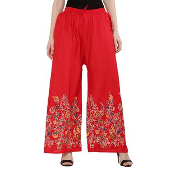 Women Red Solid Relaxed Flower Print Rayon Palazzo Pants with Elastic Drawstring (Free Size) 1
