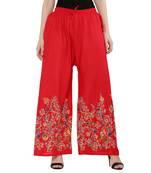 Women Red Solid Relaxed Flower Print Rayon Palazzo Pants with Elastic Drawstring (Free Size)