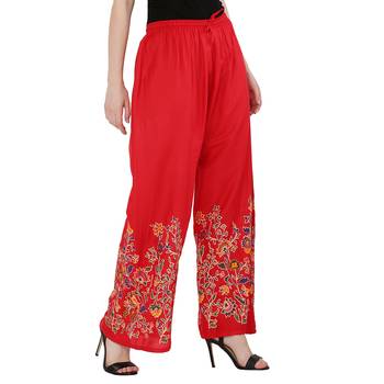 Women Red Solid Relaxed Flower Print Rayon Palazzo Pants with Elastic Drawstring (Free Size) 2