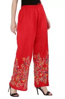 Women Red Solid Relaxed Flower Print Rayon Palazzo Pants with Elastic Drawstring (Free Size)