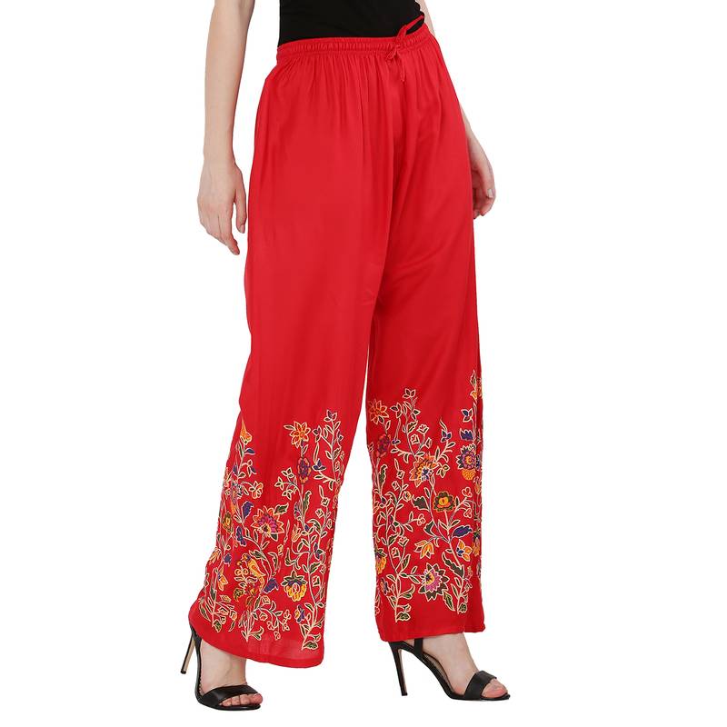 Women Red Solid Relaxed Flower Print Rayon Palazzo Pants with Elastic Drawstring (Free Size)