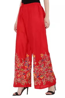 Women Red Solid Relaxed Flower Print Rayon Palazzo Pants with Elastic Drawstring (Free Size)