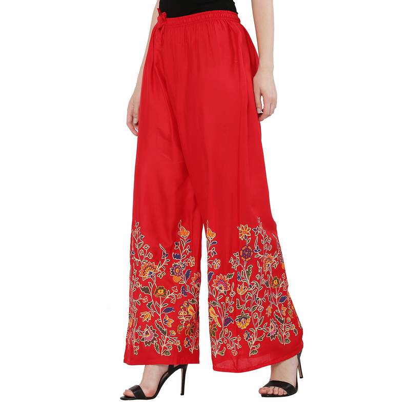 Women Red Solid Relaxed Flower Print Rayon Palazzo Pants with Elastic Drawstring (Free Size)