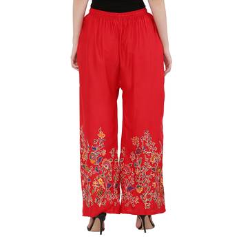 Women Red Solid Relaxed Flower Print Rayon Palazzo Pants with Elastic Drawstring (Free Size) 4