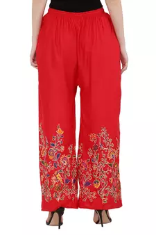 Women Red Solid Relaxed Flower Print Rayon Palazzo Pants with Elastic Drawstring (Free Size)