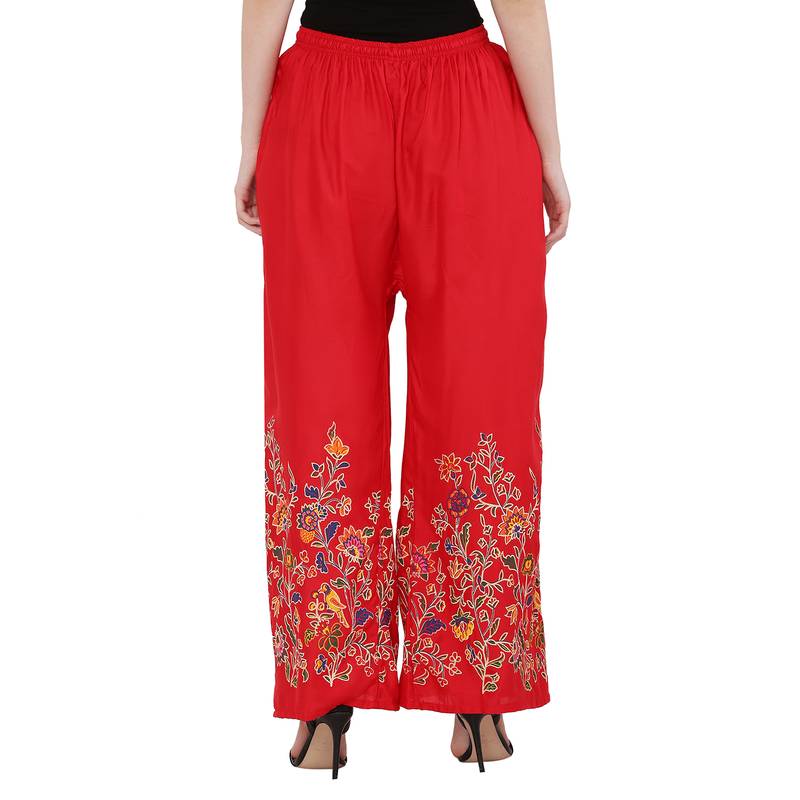Women Red Solid Relaxed Flower Print Rayon Palazzo Pants with Elastic Drawstring (Free Size)