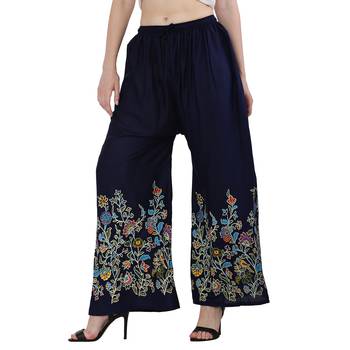 Women Navy Solid Relaxed Flower Print Rayon Palazzo Pants with Elastic Drawstring (Free Size) 1