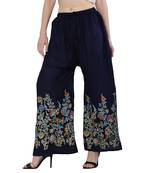 Women Navy Solid Relaxed Flower Print Rayon Palazzo Pants with Elastic Drawstring (Free Size)