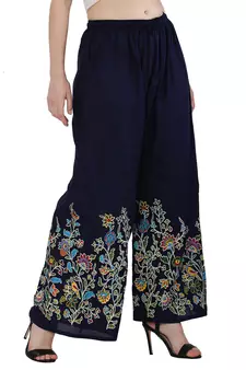 Women Navy Solid Relaxed Flower Print Rayon Palazzo Pants with Elastic Drawstring (Free Size)