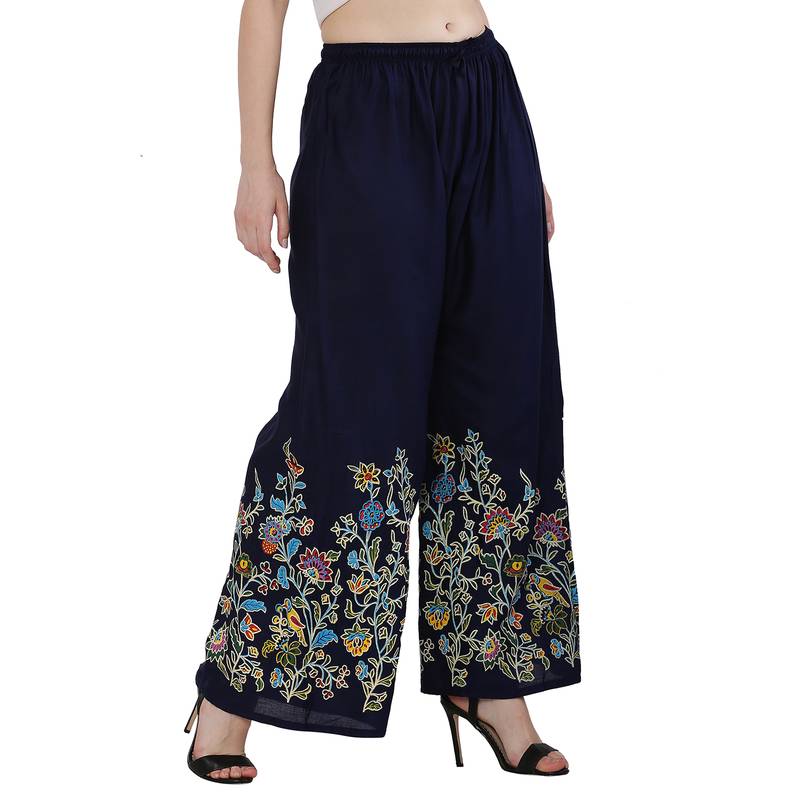 Women Navy Solid Relaxed Flower Print Rayon Palazzo Pants with Elastic Drawstring (Free Size)