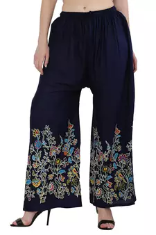 Women Navy Solid Relaxed Flower Print Rayon Palazzo Pants with Elastic Drawstring (Free Size)