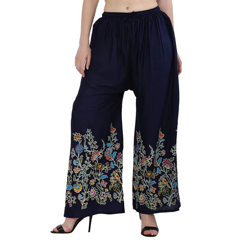 Women Navy Solid Relaxed Flower Print Rayon Palazzo Pants with Elastic Drawstring (Free Size)