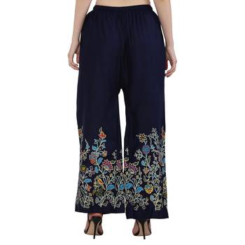 Women Navy Solid Relaxed Flower Print Rayon Palazzo Pants with Elastic Drawstring (Free Size) 4