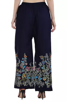 Women Navy Solid Relaxed Flower Print Rayon Palazzo Pants with Elastic Drawstring (Free Size)