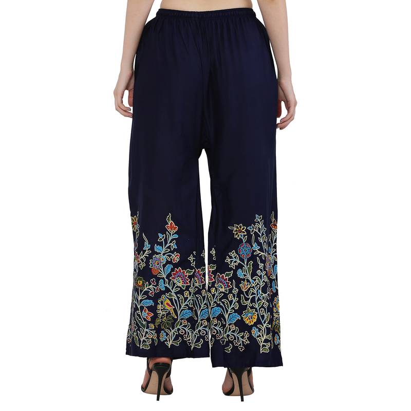 Women Navy Solid Relaxed Flower Print Rayon Palazzo Pants with Elastic Drawstring (Free Size)