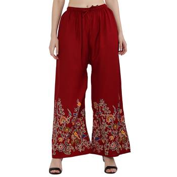 Women Maroon Solid Relaxed Flower Print Rayon Palazzo Pants with Elastic Drawstring (Free Size) 1
