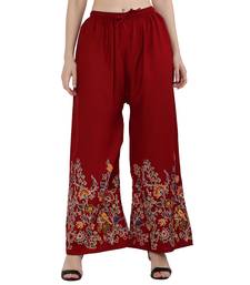 Women Maroon Solid Relaxed Flower Print Rayon Palazzo Pants with Elastic Drawstring (Free Size)