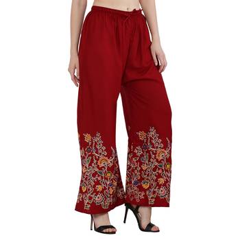 Women Maroon Solid Relaxed Flower Print Rayon Palazzo Pants with Elastic Drawstring (Free Size) 2