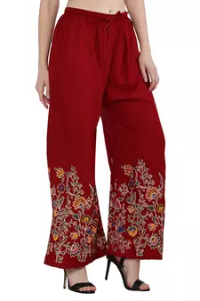 Women Maroon Solid Relaxed Flower Print Rayon Palazzo Pants with Elastic Drawstring (Free Size)