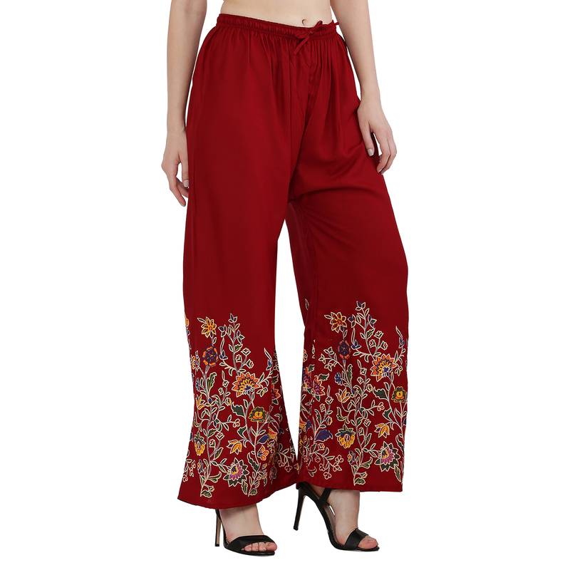 Women Maroon Solid Relaxed Flower Print Rayon Palazzo Pants with Elastic Drawstring (Free Size)