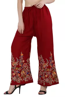 Women Maroon Solid Relaxed Flower Print Rayon Palazzo Pants with Elastic Drawstring (Free Size)
